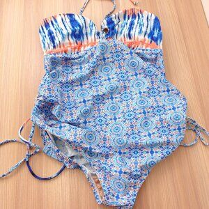 A‎ PEA IN THE POD Swimsuit XS Blue Maternity One Piece Halter Tie Dye Pregnant